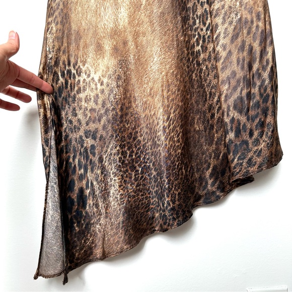 Boho Y2K Leopard Print Bias Cut Split Sleeve Asymmetrical Dress V-Neck Satin - Picture 6 of 12